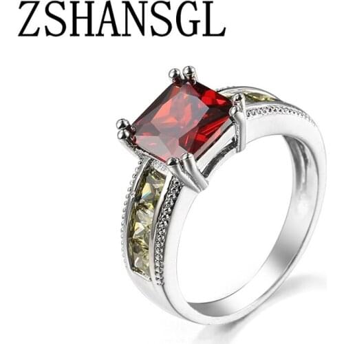 Luxury Princess Cut red Zircon Square Shape ring for Wholesale Women Plata color Jewelry simple wedding Gift Ring Size 6-10