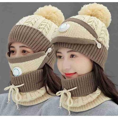 Windproof Hat Winter womens Mask Hat For Girls Scarf Thick Warm Knitted Hat Scarf Mask Set 3pcs Winter Riding Fashion Hats