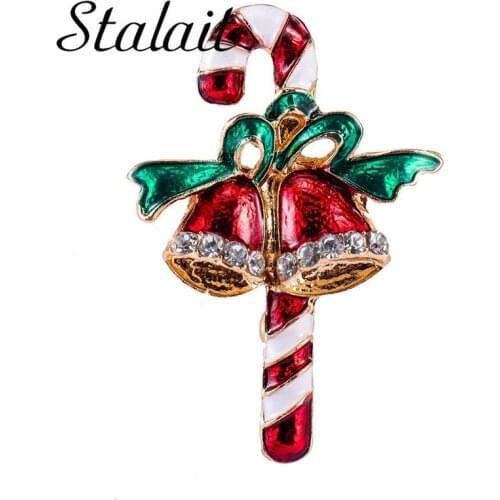 Vintage Gold Enamel Christmas Bell Cane Brooches Green Bow Rhinestone Cute Alloy Brooch For Women Girl Gifts Xmas Jewelry