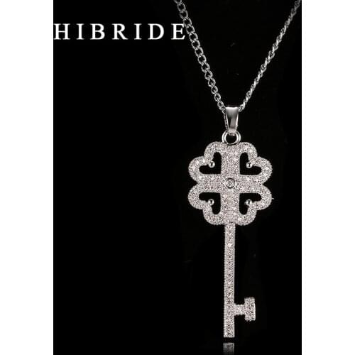 HIBRIDE JEWELRY Brand Romantic Key Shape Cubic Zirconia Pendants Necklace, Rhodium Plated Ladies Neklaces for Women Gifts, N-14