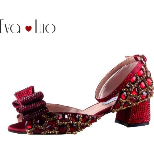 CHS1144 Custom Made Block Heel Wine Red Burgundy Crystal Shoes With Matching Bag Set Bridal Wedding Shoes Women Low Heel Shoes