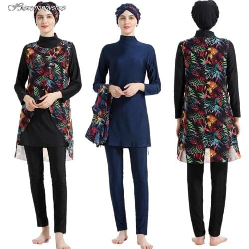 Fashion Double Layer Swim Tops and Long Pants Swimwear Swimsuit Women Muslim Swimming Cap Hijab Full Cover Burkinis Sets S-4XL