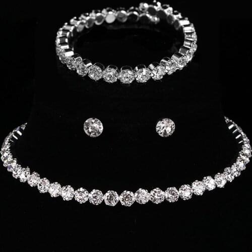 Classic Female Round Crystal Jewelry Set Charm Silver Color Bracelet Stud Earrings For Women Trendy White Zircon Chain Necklace