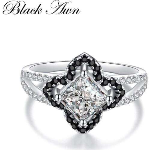 Fashion Genuine 100% 925 Sterling Silver Four Leaf Flower Black&White Stone Rings for Women Jewelry Bague Femme Ring Bijoux C229