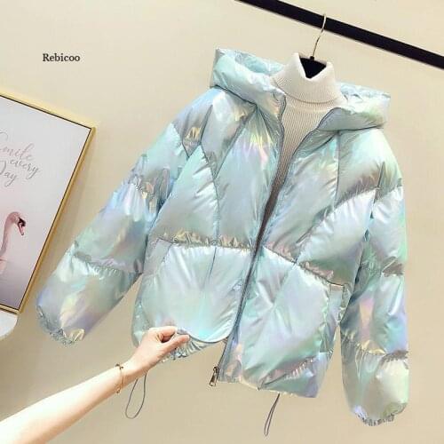 Women Down Cotton Coat Winter Fashion Laser Loose Solid Color Outerwear Hooded Thicken Warm Slim Jacket Female