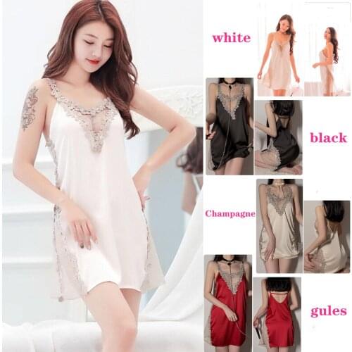 Womens Sexy Lingerie Pajamas Deep V thin Dackless Pajamas Sexy Lace Perspective Satin Suspender Nightdress Home Suit