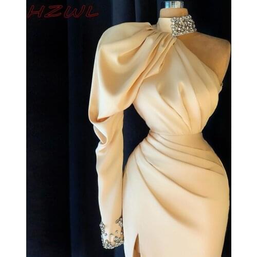 Cryatals Beads High Neck Evening Dresess For Women One Shoulder Pleats Side Split Mermaid Prom Dress Split robe de soirée