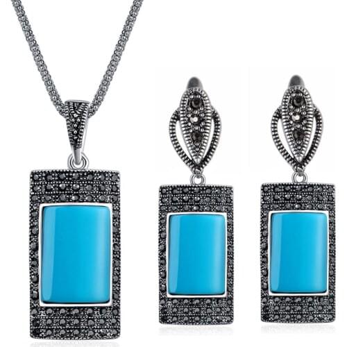 Ajojewel Blue Rectangle Stone Vintage Jewelry Sets For Women Antique Earrings And Necklace Set Evening Dress Accessoriess