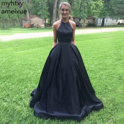 Aullring 2020 Sexy Cheap Evening Dresses Long Scoop Halter A-line Beaded Satin Floor Length Prom Dress Formal Gown With Pockets