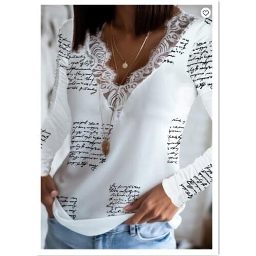 Fashion Lace Blouses Shirts Women Letter Printed V neck Long Sleeve Tops Women Streetwear Casual Blouses Top Loose Shirts Women