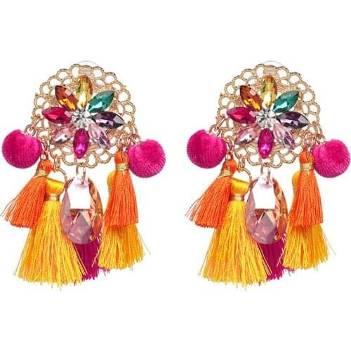 Boho Women Rhinestone Tassel Pompom Dangle Stud Earrings Long Exaggerated Womens Earrings Accessories Jewelry For Female Gift