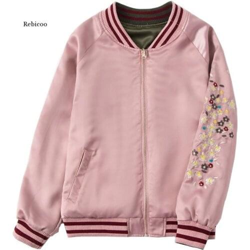 Two-sided Wear Embroidered Baseball Jackets Femme Spring Autumn Short Satin Pilot Jacket Bf Loose Ladies Jackets Basic Coats