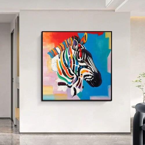 Artist Hand-painted High Quality Pop Fine Art Zebra Oil Painting on Canvas Funny Colorful Animal Zebra Oil Painting for Wall Art