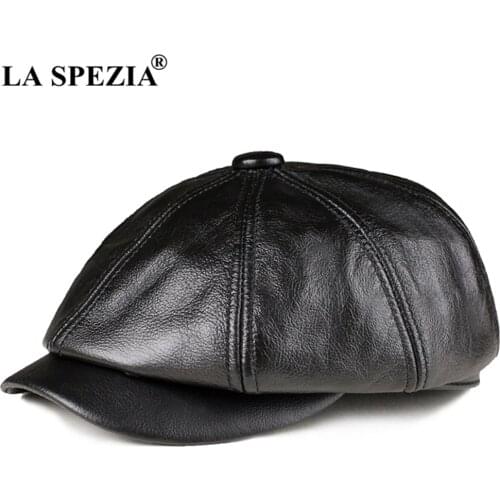 Newsboy Cap Men Brown Genuine Leather Octagonal Hat Cowskin Autumn Winter British Style Mens Beret