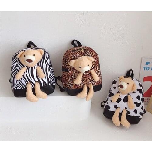 Cute Fashion Kids Soft Backpack Spots/ Leopard/ Zebra-Stripe Print Wild Bear Doll Embed Decor Daypack for Little Boys Girls