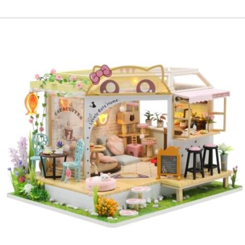 New DIY Wooden Dollhouse Kits Miniature With Furniture Cute Cats Coffee Home Casa Dollhouse Assembled Toys For Girls Gifts