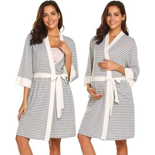 Maternity Set Nursing Pajamas Long Sleeve Striped Maternity Nightgown Kimono Pregnant Breastfeeding Pajamas Nursing Sleepwear
