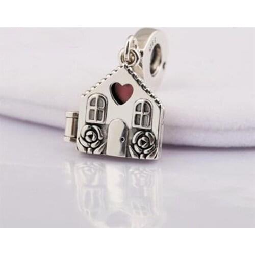 Authentic 925 Sterling Silver Home Dangle Sweet House Charm Beads, Pink Enamel Heart Fit Original European Bracelets&Necklace