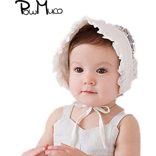 Powmuco Solid Color Flowers Pattern Children Christening Baptism Cap Breathable Lace Hats Princess Headwear Clothing Ornaments