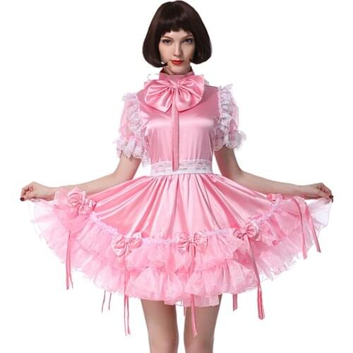 Sissy Girl Bow Beauty Satin Pink Dress Crossdress Puff Ball Sleeves Cosplay Costume