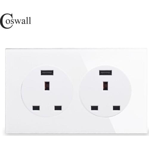 Coswall Crystal Glass Panel 2 Gang 13A UK Standard Wall Power Socket With Dual USB Fast Charging Port 146mm*86mm R11 Series