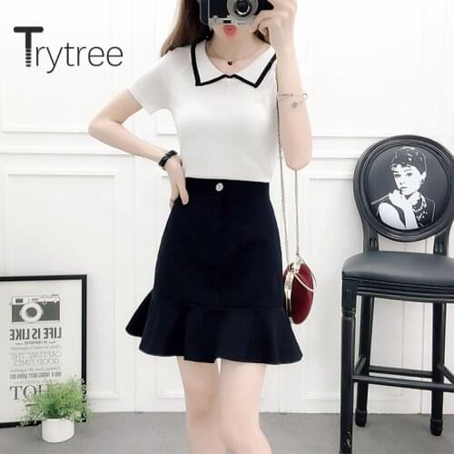 Trytree 2020 Summer Two piece set Casual Turn-down Collar Stripe Knitting Top + Skirt Solid Ruffles Fashion Set 2 Piece Set