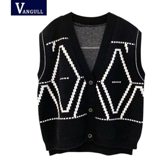 Vangull Diamond Pattern Printing Women Vest Single Breasted Sleveless Simple Sweater Vest V-Neck Female Vintage Cardigan Vest