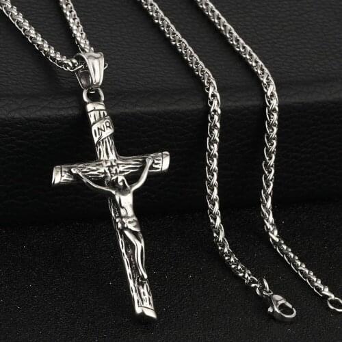 Stainless Steel Vintage INRI Crucifix Pendant Link Chain Necklaces Men Fashion Jewelry Gold Silver Color MN94