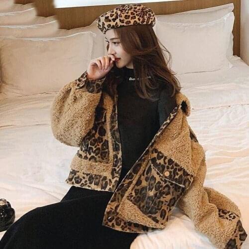 Autumn Winter Korea Fashion Splice Leopard Short Coat Thick Warm Women Jackets Loose Lamb Wool Turn-down Collar Jaket