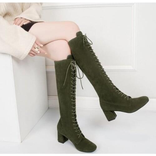 2021 New Winter Warm Velvet Front Lace-up Long Shoelaces Thick Heel High Heel Round Toe High Tube Womens Boots
