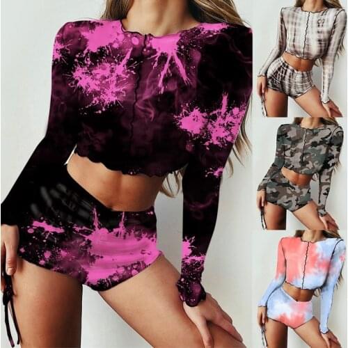 Women Sets Tracksuits Printed Long Sleeve Crop Top Bodycon Shorts Two Piece Casual Outfit Party Clubwear Streetwear Beachwear