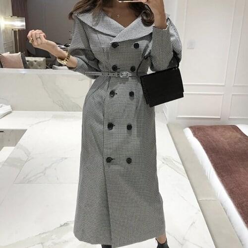 2020 Autumn Winter Dress England Style Women Full Puff Sleeve Peter Pan Collar Plaid Vintage Office Double Breasted Long Dresses