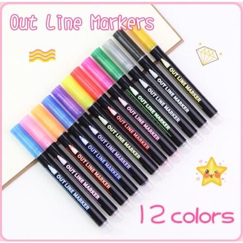 12 Colors Double line gold chalk Drawing Doodling Outline Marker for Album/Hand Account/Graffiti Supplies DIY Metal Glitter Pen