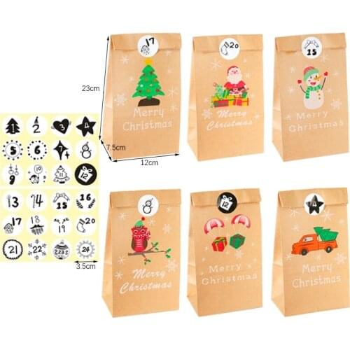 24sets Advent Calendar Santa Claus Kraft Paper Bags Christmas Gift Bag Party Favor Packing Bags set with Xmas Tag Stickers