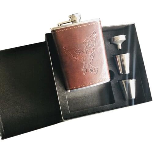 8oz ounce 304 Stainless steel Eagle Vodka Funnel Hip Flask Whisky Bottle Moscow Eagle Flagon Pu Leather Wrapping Gift Box Set