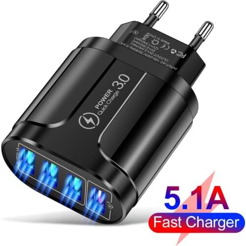QC3.0 5.1A Phone Charger Adapter USB 4 Port Travel Quickly Charger For IPhone Samsung Xiaomi illuminate Charging For Cell Phone