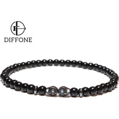 Boho Small Natural Stone Beads Skull Bracelet Smooth Obsidian Skull Braslet For Men Gifts Armband Jewelry Homme Male Accessories