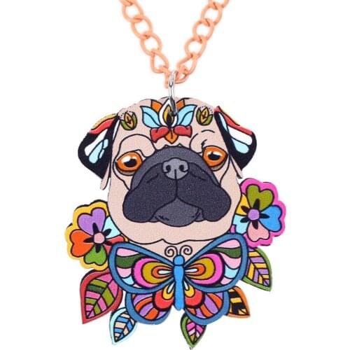 Bonsny Acrylic French Bull Pug DOG Necklace Cartoon Pendant Chain Collar Choker Pendant Animal Fashion Jewelry Women Girl New