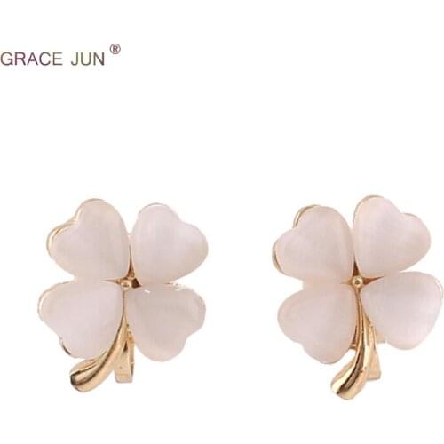 GRACE JUN Korea Style Fashion Heart Shape Clover Flower Clip on Earrings No Pierced for Women Party Wedding Cute Small Ear Clip