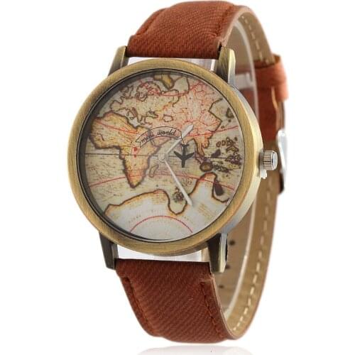 Women Watches Retro Casual Brand Global Travel By Plane Map Casual Denim Quartz Wristwatch Female Clock Ladies relogio feminino