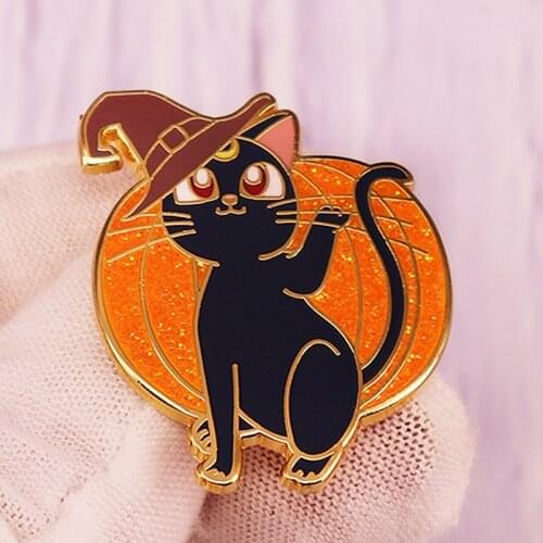 Pumpkin Kitten Black Cat Witches Hat Wizard Enamel Brooch Pins Badge Lapel Pin Brooches Collar Jeans Jacket Fashion Jewelry