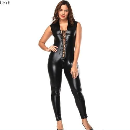 Faux Leather Open Crotch Sexy Catsuit Women Sex Fetish Bondage Restraints Harness Sexy Crotchless Teddy Lingerie Erotic Costumes
