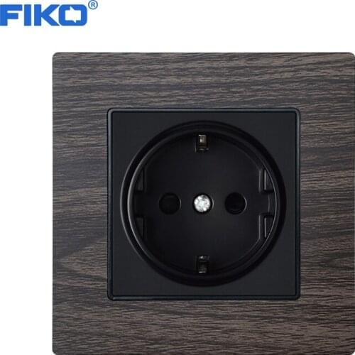 FIKO EU power socket 16A 250V Aluminium Wood grain brushed panel Metal plating edge 86mm*86mm Gold/black/white wall socket