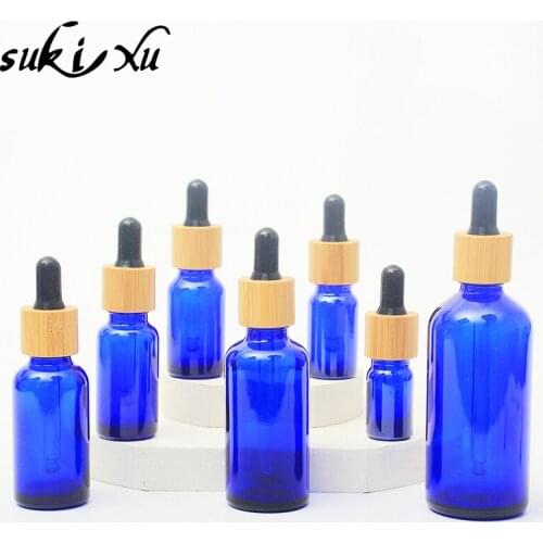 10PCS/LOT Blue Glass Dropper Bottle Refillable Natural Bamboo Cap For Essence Massage Face Oil Aromatherapy Liquid Skincare