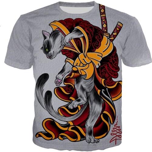 Japanese Samurai Cat Tattoo T Shirt Men/women New Fashion Cool 3D Printed T-shirts Casual Style Streetwear Tops