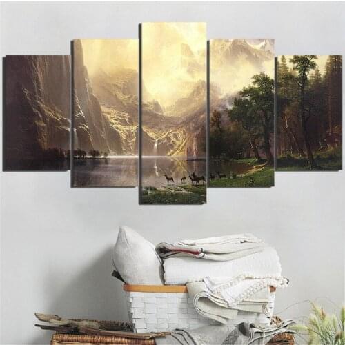 Wall Art Canvas Paintings Art 5 Pieces Mountains Lake Waters Prints Landscape Modular Pictures Home Living Room Decoration