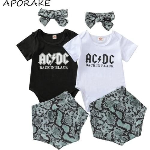 2021 0-24M Infant Baby Girl Clothes Set Letter Print Short Sleeve Romper Top+Snake Print High Waist Shorts+Headband Summer 3pcs