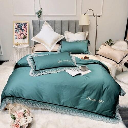 Blue Luxurious European style pure pink embroidery Egyptian long-staple cotton bedding feather quilt cover pillow cover 4 sets