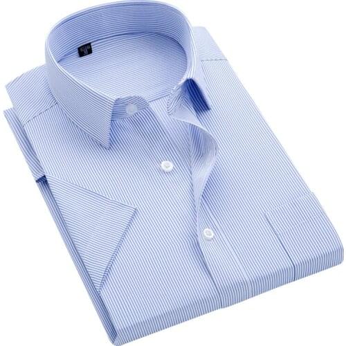 Summer S~8xl mens striped short sleeve dress shirt square collar non-iron regular fit anti-wrinkle pocket male social shirt