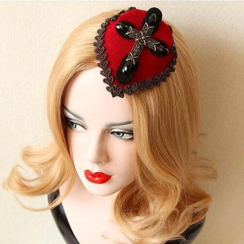 Mini Top Hat Wedding Party Church Headpiece Gothic Cross Lace Hairpins Vintage Gem Stone Hair clip Topper Lace Hair Jewelry